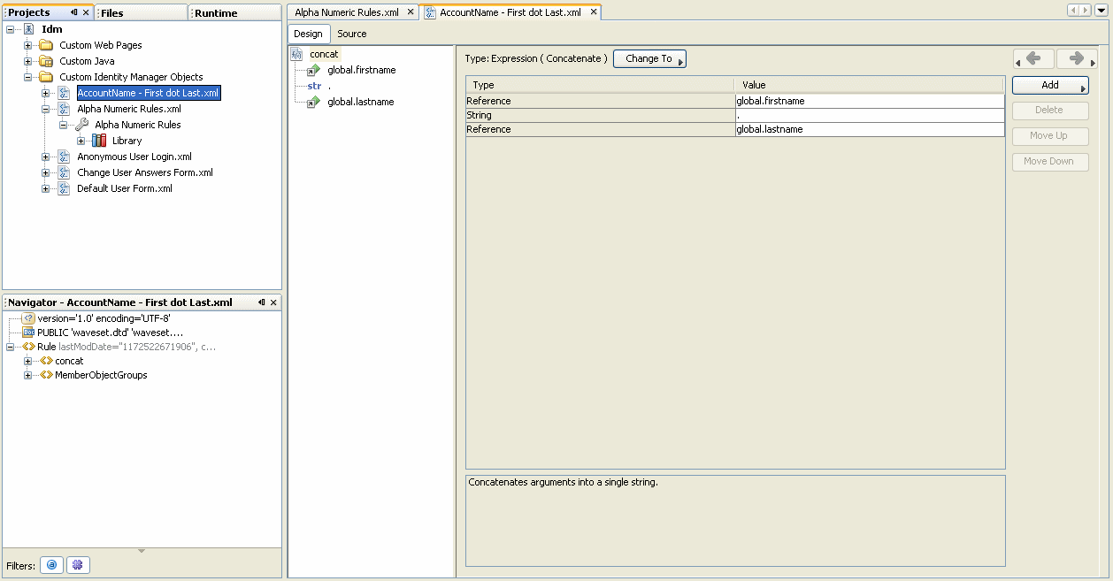 Example showing a Design - Rule view of the AccountName - First dot Last.xml rule.