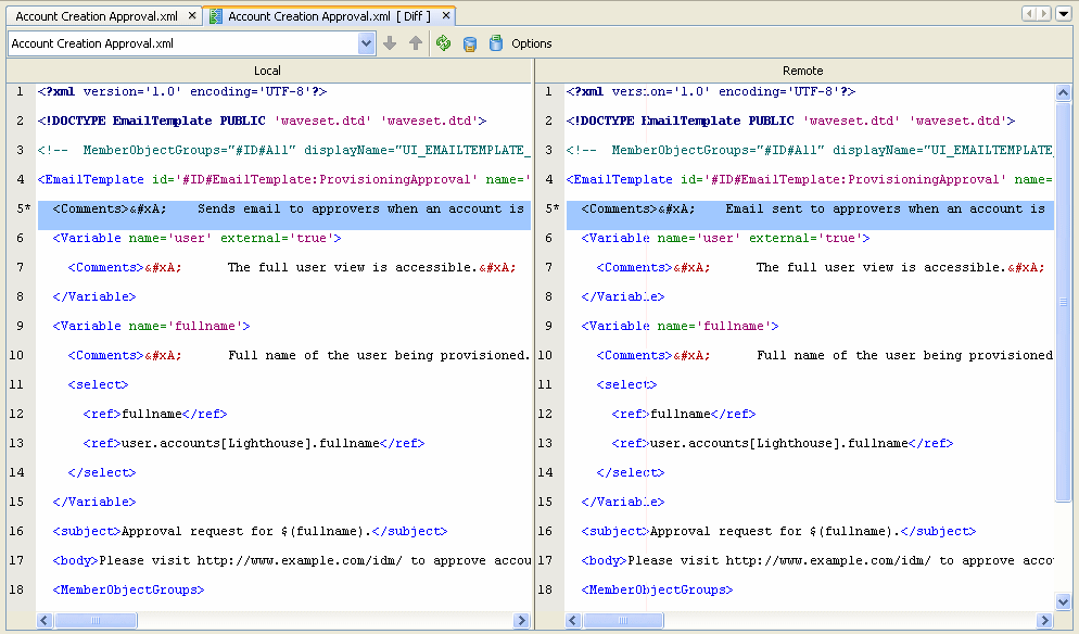 Example showing the differences between the local and remote files.