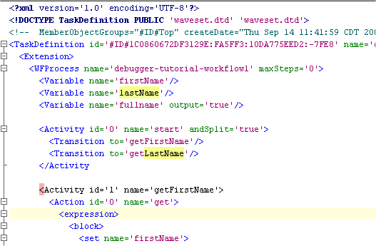 Example showing Source Editor view of the debugger-tutorial-workflow1.xml object.