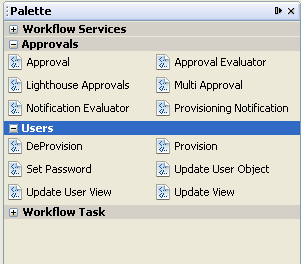 Example drag and drop Palette Window for Delete User workflow process object.