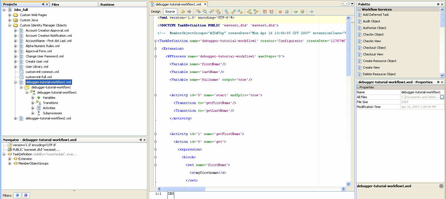 Opening the debugger-tutorial-workflow1.xml file source.