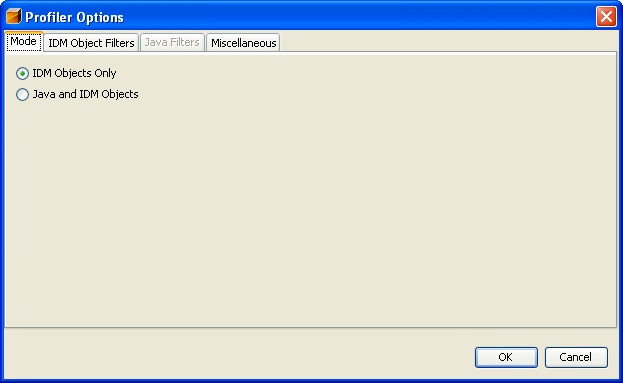 Graphic shows the Profiler Options dialog box. Use this dialog to specify Mode, IDM Object Filters, and Miscellaneous profiling options.