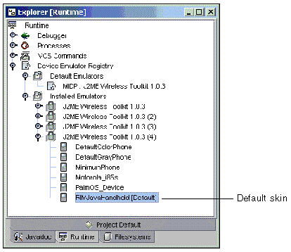 Screenshot of the Explorer window showing the RIMJavaHandheld set to be the default skin. The callout indicates the default skin.