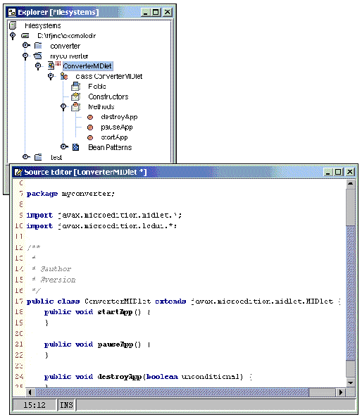 Two screenshots showing the new MIDlet in the Explorer window and its code in the Source Editor window.