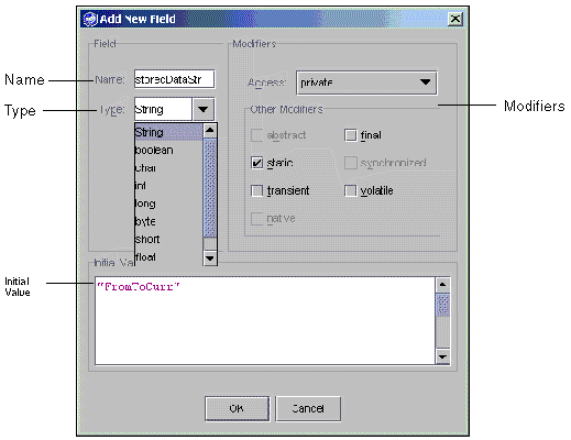 Screenshot showing the Add New Field window. Callouts indicate field name, type, initial value, and modifiers. Buttons are OK and Cancel.