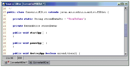 Screenshot displaying the ConverterMIDlet code in the Source Editor window.