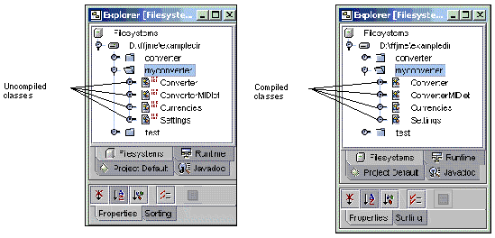 Screenshots showing the myconverter classes in the Explorer window before and after compilation.
