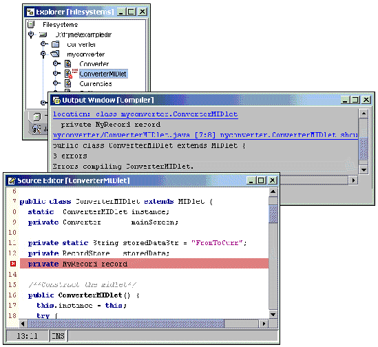 Screenshots of three windows: Explorer, Output Window for the compiler, and the Source Editor containing ConverterMIDlet code.