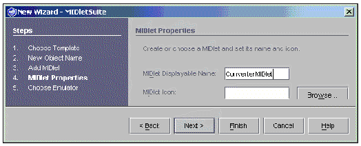 Screenshot showing the New wizard, MIDlet Properties pane. Buttons are back, next, finish, cancel, and help.