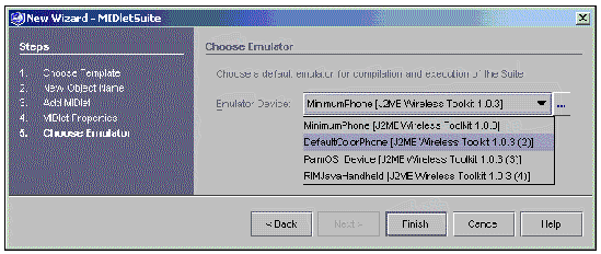 Screenshot showing the New wizard, Choose Emulator pane. with an emulator device selected. Buttons are Back, Finish, Cancel, and Help.