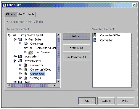 Screenshot showing the Edit Suite window for adding content to the JAR file. Buttons are OK, Cancel, and Help.