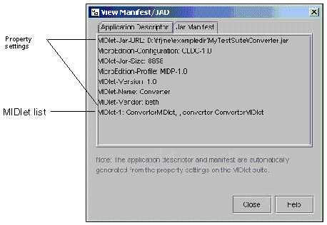 Screenshot showing the application descriptor for Converter.jar. Callouts show property values and midlets. Buttons are Close and Help.