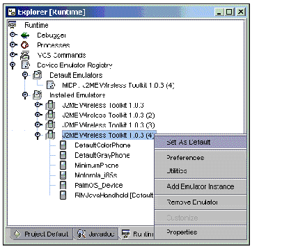 Screenshot showing the Explorer pane and the contextual menu used to set a default emulator.