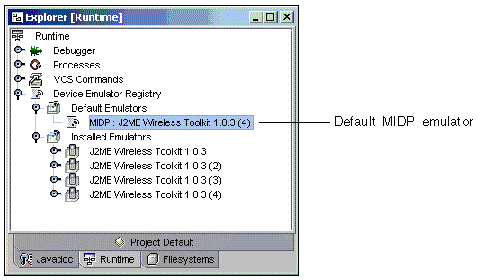 Screenshot of the Explorer window showing the new default emulator. The callout indicates the default MIDP emulator.