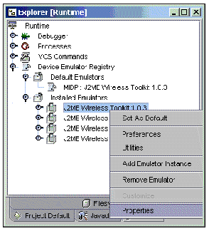 Screenshot of Explorer window Runtime pane showing expanded Installed Emulators node. Topmost emulator selected and its contextual menu displayed.