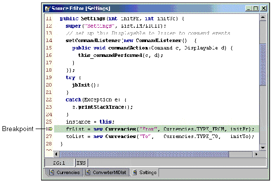 Screenshot showing the source code for the program. The callout indicates the breakpoint.
