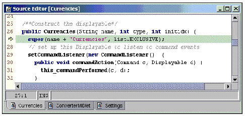 Screenshot of the Source Editor showing the line of code in Currencies at which the program has stepped.