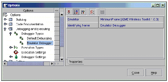 Screenshot of the Options window used to set the debugging environment to emulator debugger.