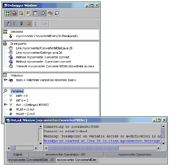 Two screenshots showing the Debugger window views and the Output window at the breakpoint on line 26.