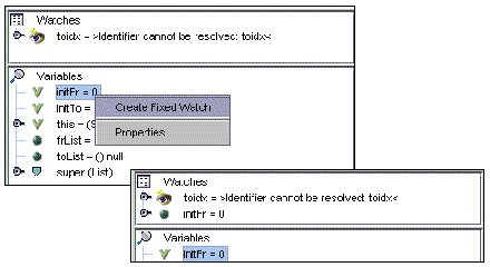 Two screenshots showing the Variables view and the Watches view in the Debugger window.