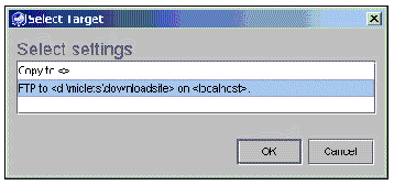 Screenshot showing the target settings for the FTP copy executor. Buttons are OK and Cancel.