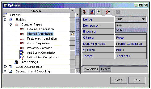 Screenshot showing the internal compilation settings.Buttons are Close and Help.