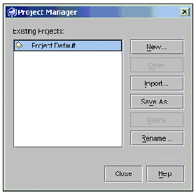 Screenshot showing the Project Manager window. Buttons are Close and Help.