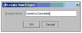 Screenshot showing the Create New Project dialog box. Buttons are OK and Cancel.