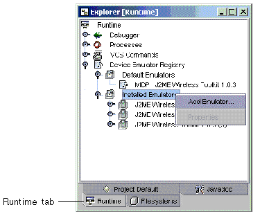 Screenshot showing the Add Emulator option. The callout indicates the Runtime tab.
