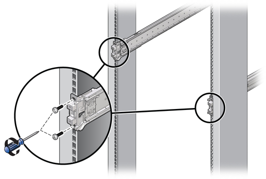 image:Figure showing how to secure the slide rail assemblies to the rack using M6 screws.