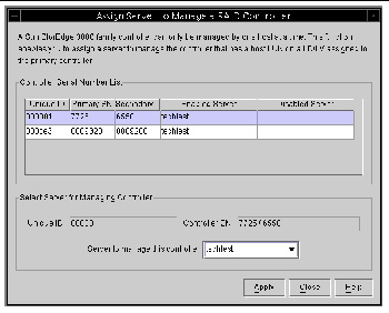 Screen capture of the Assign Server to Manage a RAID Controller showing Controller Serial Number List information.