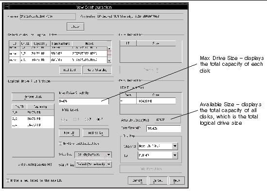 Screen capture of the New Configuration window showing three physical disks and their total capacity in the Available Size (MB) field.