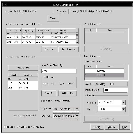 Screen capture of the New Configuration window showing Add Partition details.