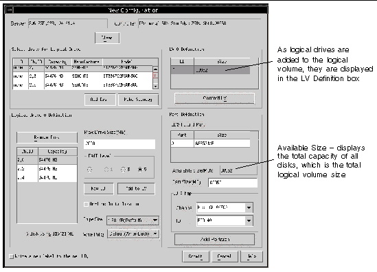 Screen capture of the New Configuration window showing the logical drive added to the LV Definition box.