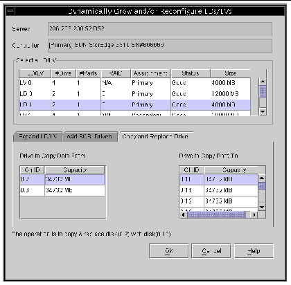 Screen capture showing the Dynamically Grow and/or Reconfigure Logical Drives window with the Copy and Replace Drive tab displayed.