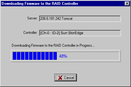 Screen capture showing the Downloading Firmware to the RAID Controller progress bar.