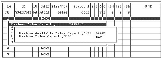 Screen capture shows a logical drive with Maximum Available Drive Capacity of 34476 MB and Maximum Drive Capacity configured to 20000 MB.