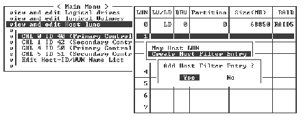 Screen capture shows a confirmation screen with "Add Host Filter Entry?" displayed and "Yes" selected.
