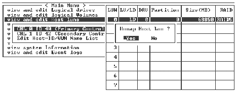 Screen capture shows Unmap Host Lun dialog with Yes selected.