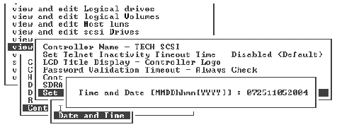 Screen capture showing menu options for setting the controller date and time.