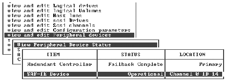 Screen capture showing menu options for viewing SAF-TE device component status.