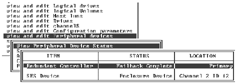 Screen capture showing a submenu with "View Peripheral Device Status" chosen, and the status window shows the Item, Status, and Location.