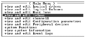 Screen capture shows the Main Menu with "view and edit scsi Drives" selected.