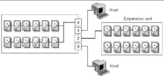 Figure showing a single-bus RAID array connected to two hosts and one expansion unit.