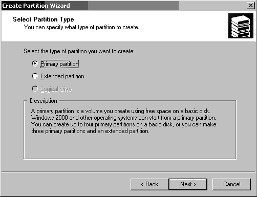 Screen capture showing the Create Partition Wizard window with Primary partition selected.