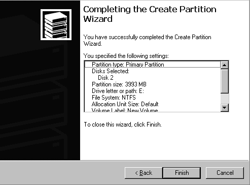 Screen capture showing the final Create Partition Wizard window confirming the settings you have specified.