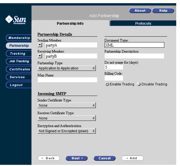 Screen capture of the Add partnership activity.