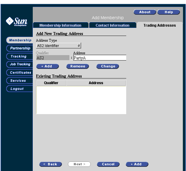 Screen capture of the Add New Trading Address activity.