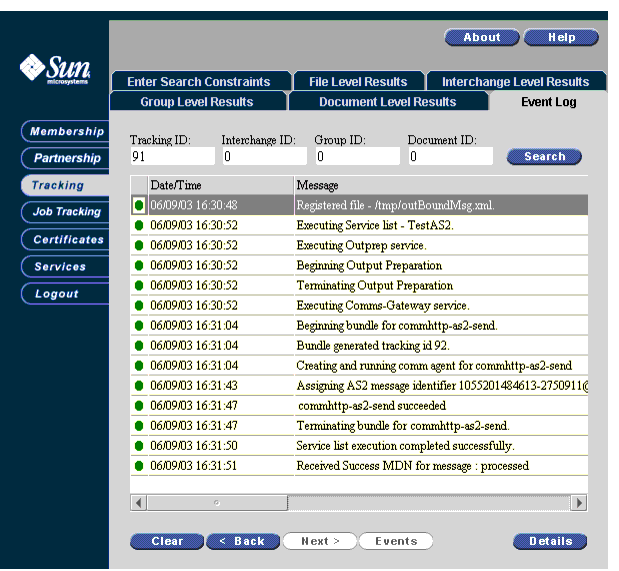 Screen capture of Event log tracking.