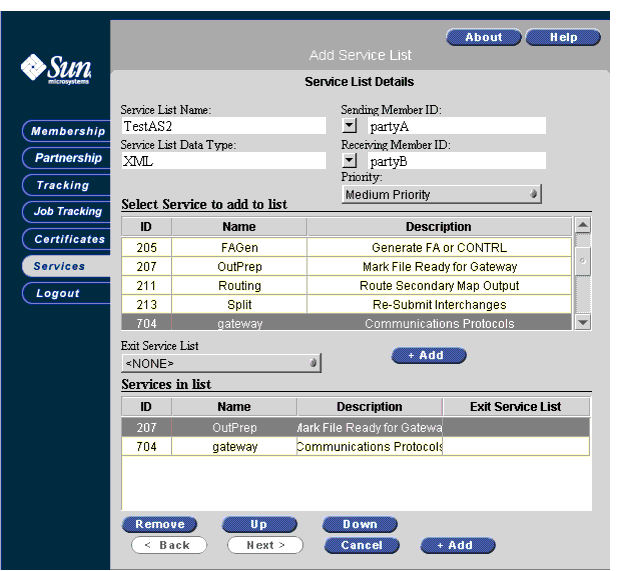 Screen capture of the Service list details.